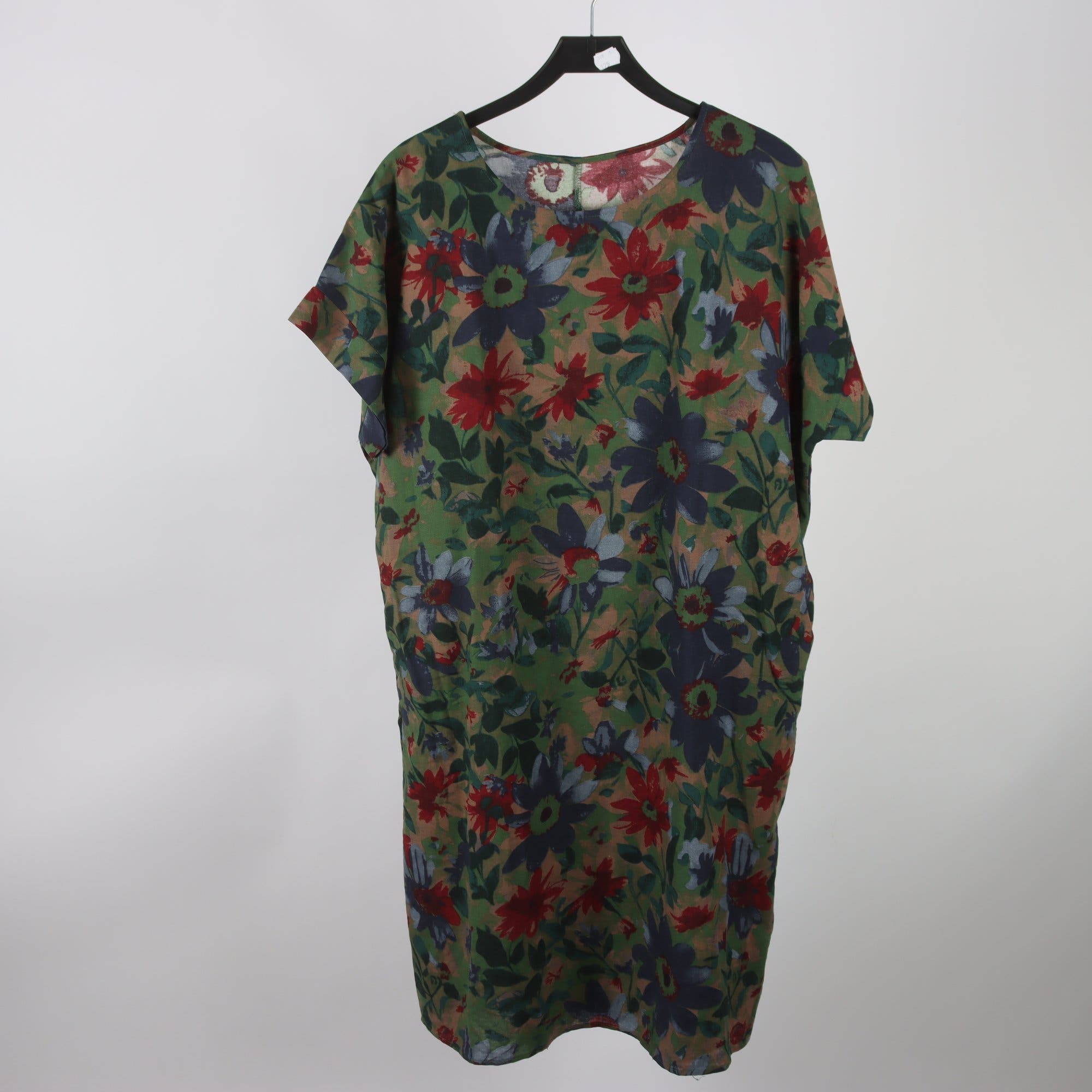 Klänning, Okänd, blommig, vinröd, blå, 100% lin, stl. one size.