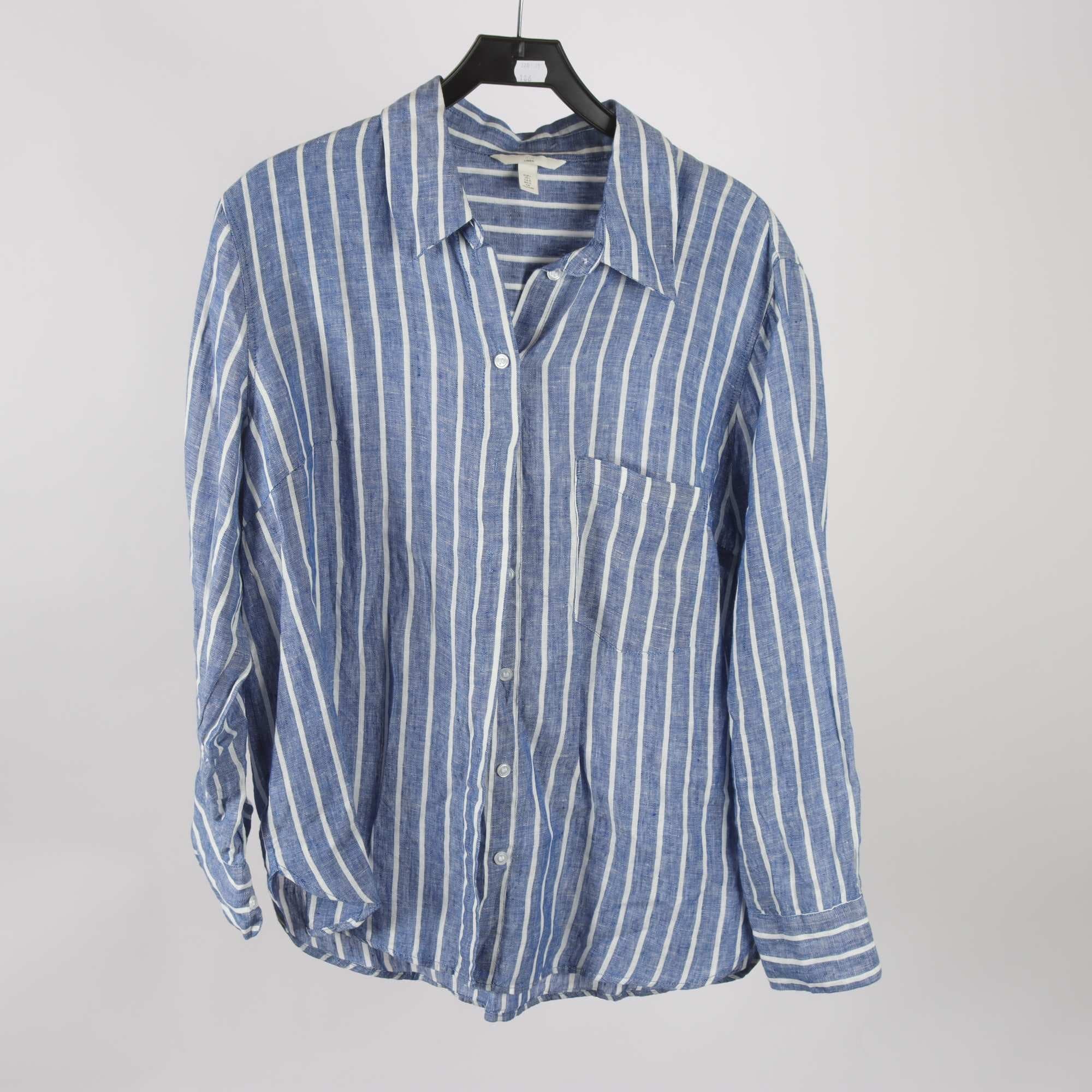 Blus, H&M, randig, vit, blå, 100% lin, stl. L.