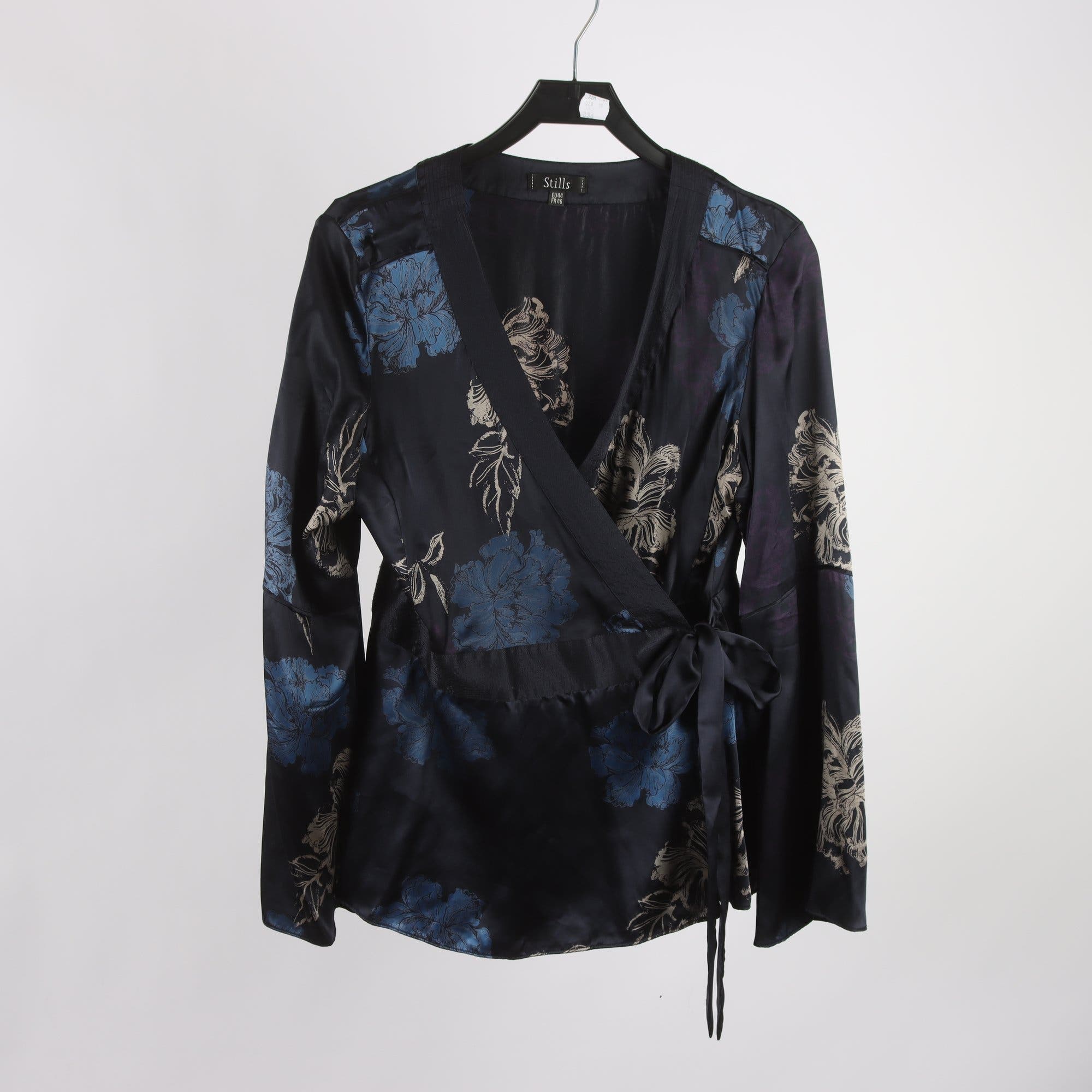 Blus, Stills, svart, blå, 100% silke, stl. 44.