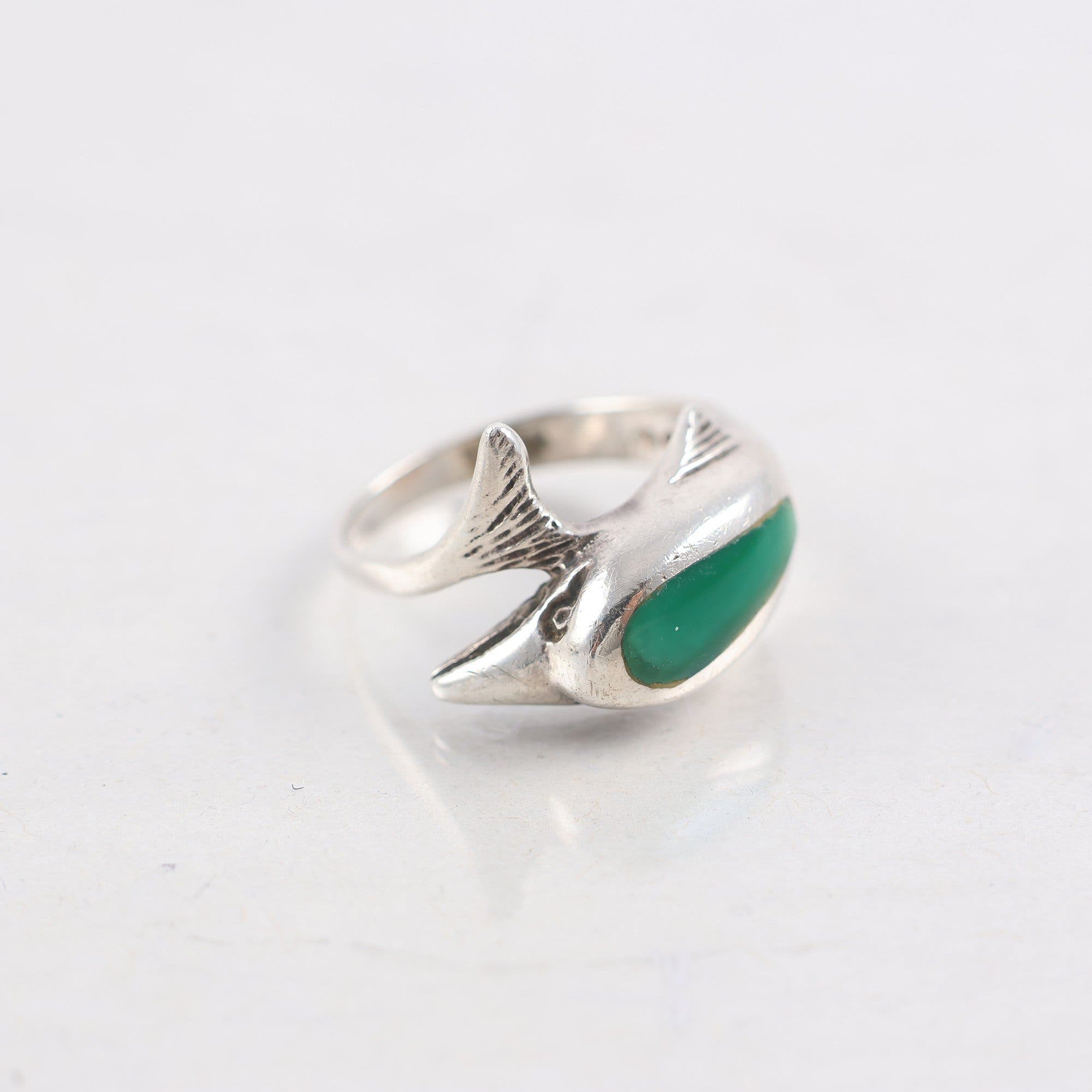 Ring, silver 925, grön sten, delfin, vintage