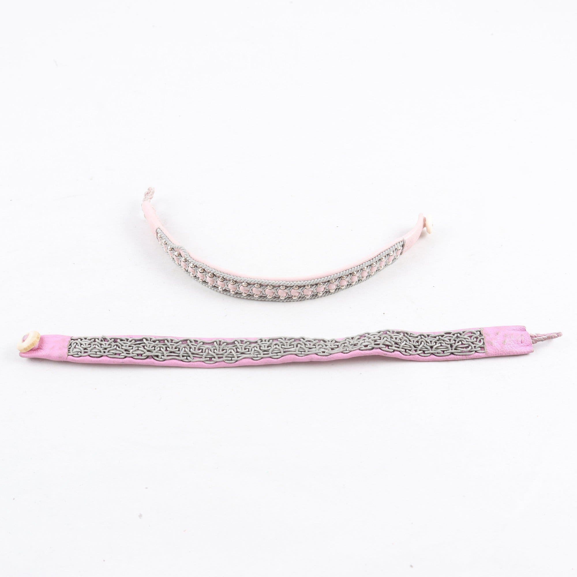 Armband, sameslöjd, skinn, tenntråd, rosa