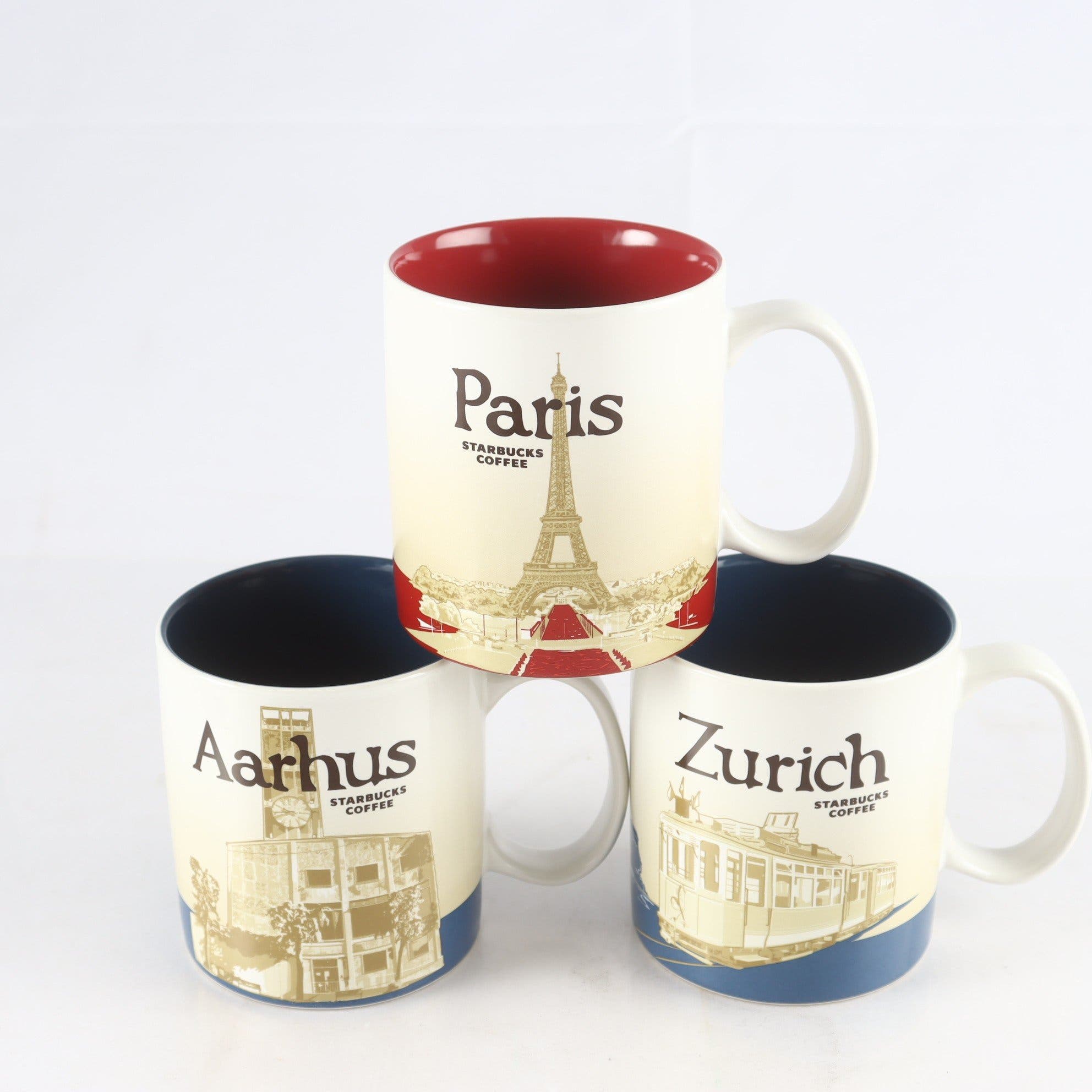 Muggar, Starbucks, Zurich, Aarhus, Paris, 2014, 2015, 3 st. Samfraktas ej.