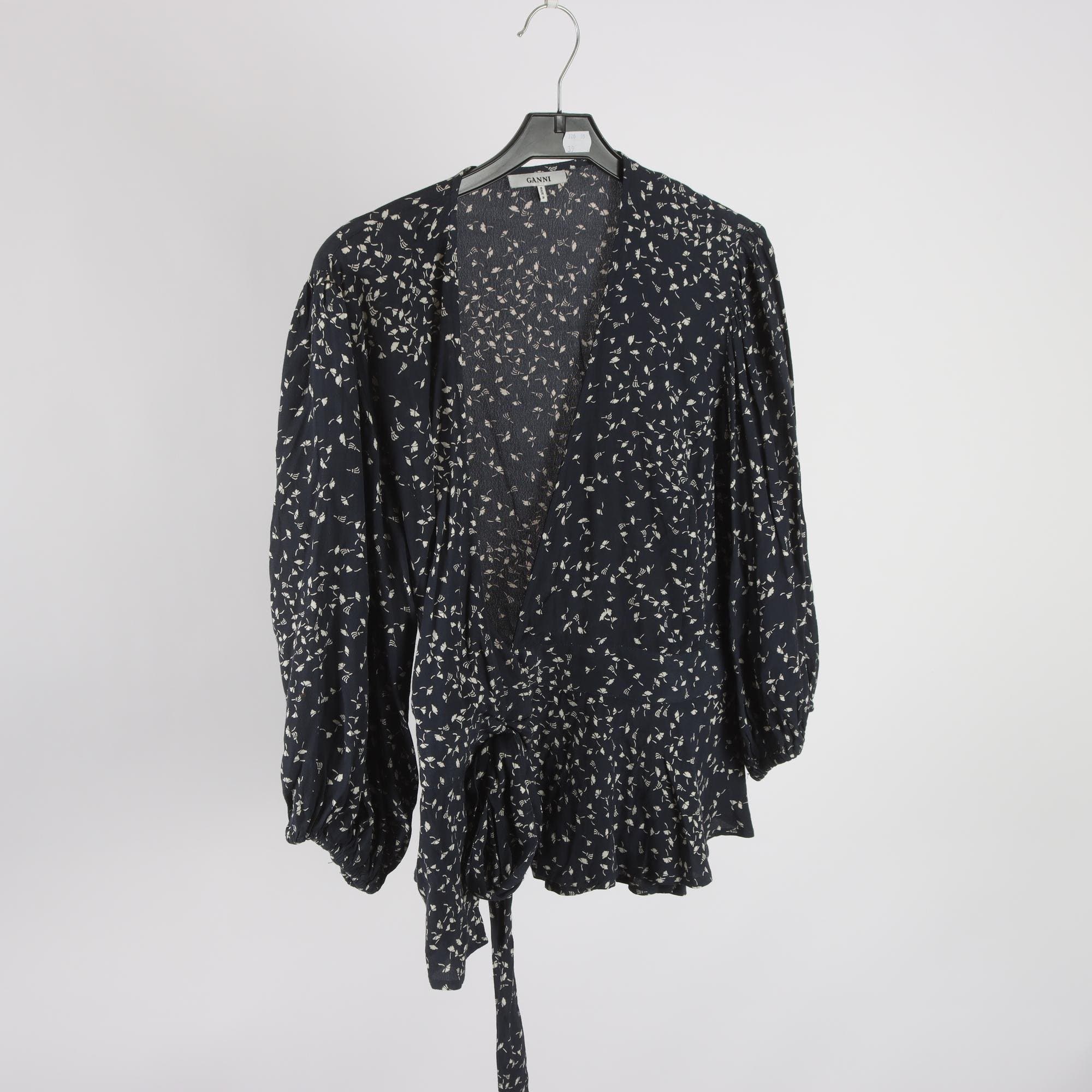 Blus, Ganni, mönstrad, vit, blå, stl. 38.