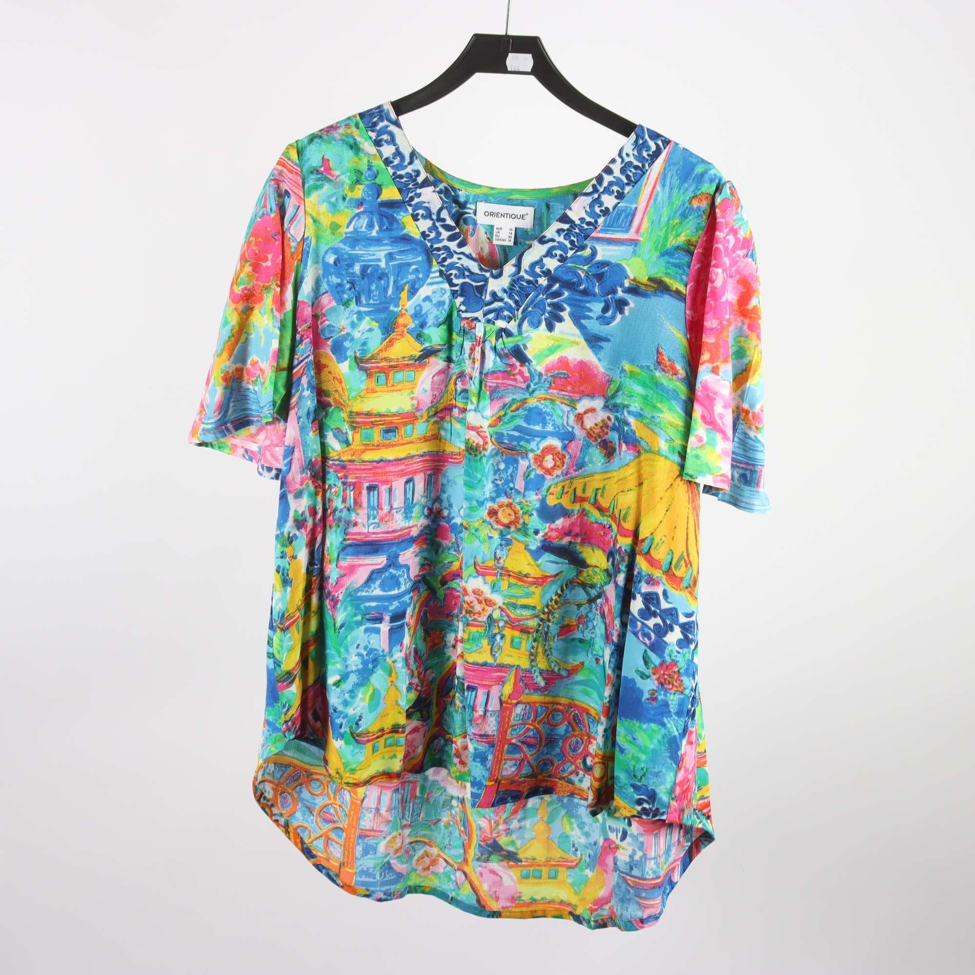 Blus, Orientique, mönstrad, blå, rosa, stl. 42.