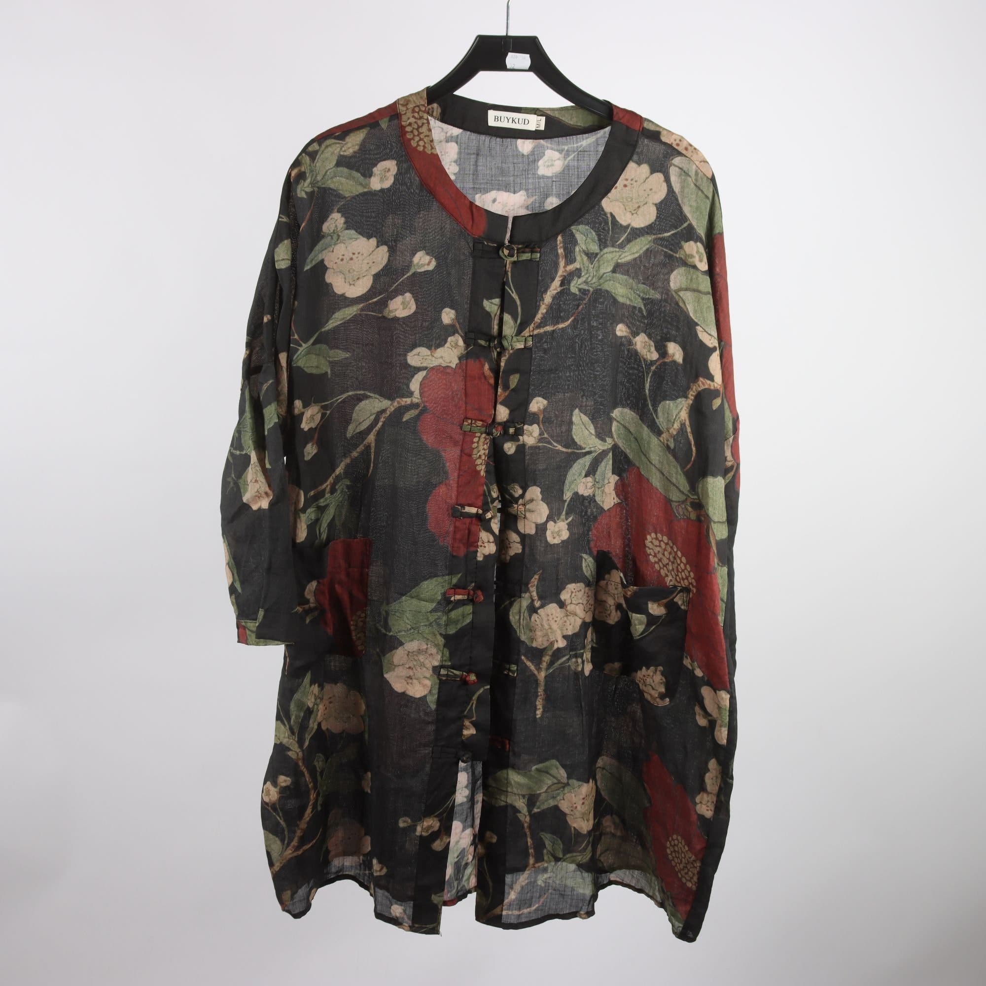 Klänning, Buykud, mönstrad, svart, vinröd, 100% ramie, stl. M/L.