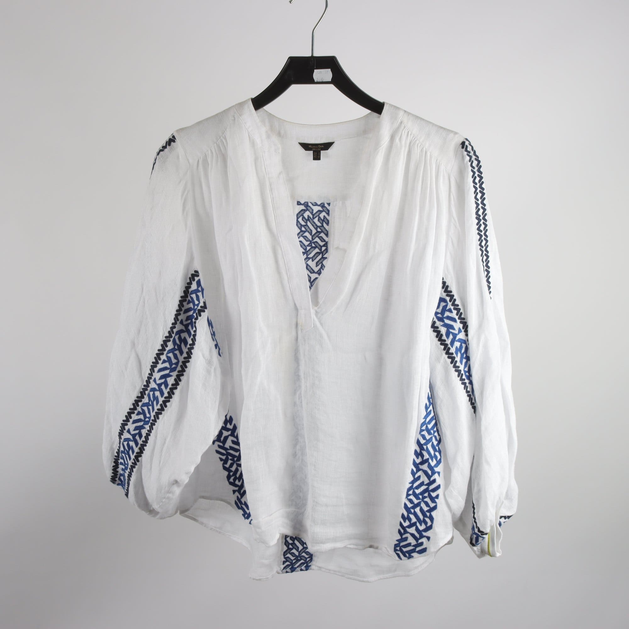 Blus, Massimo Dutti, vit, blå, broderad, stl. S.