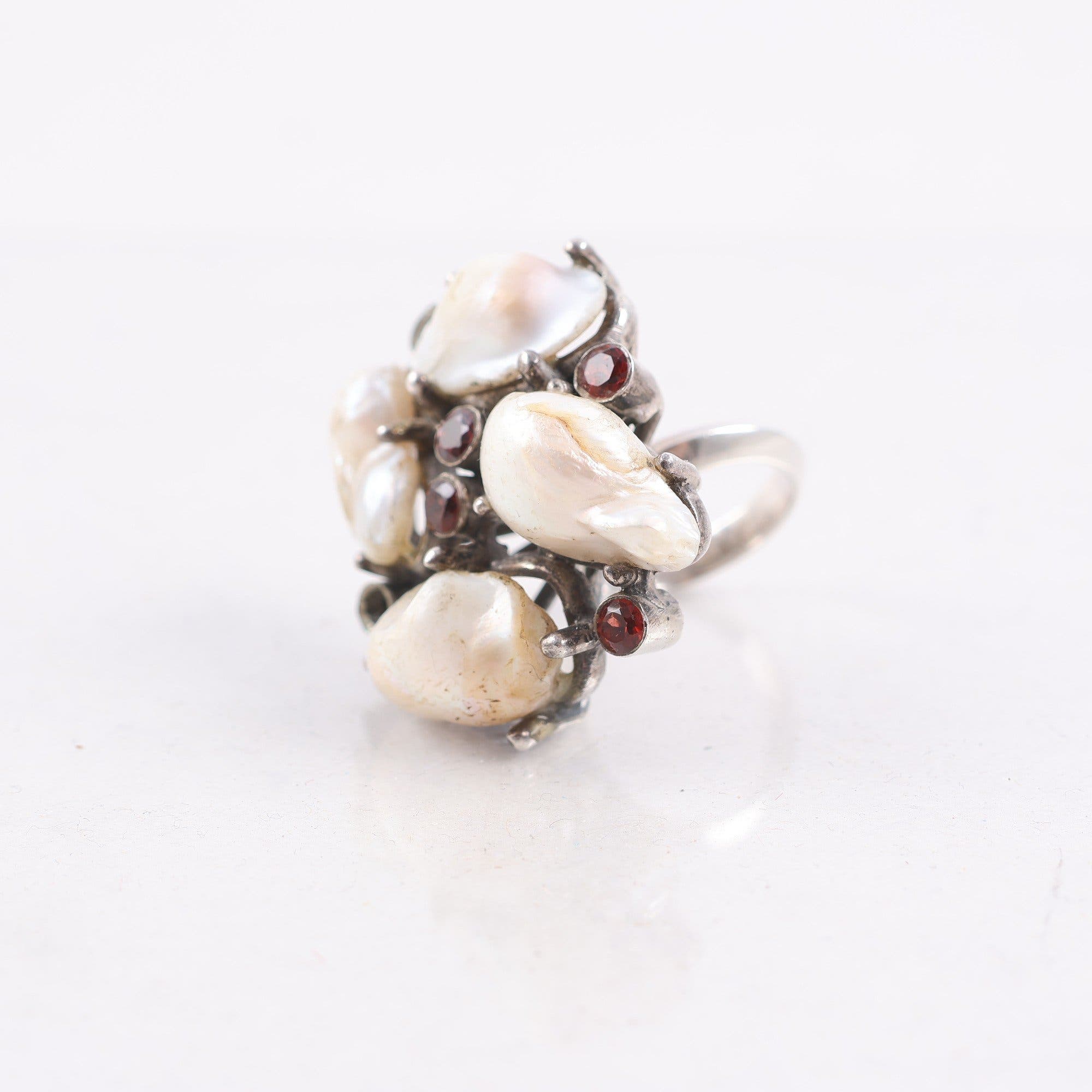 Ring, cocktailring, silver 925, sötvattenspärlor, stenar, vintage