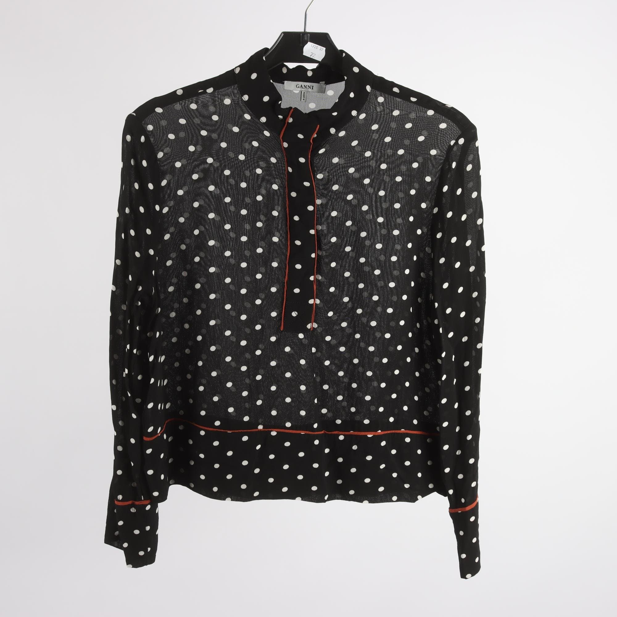 Blus, Ganni, svart, vit, prickig, stl. 38