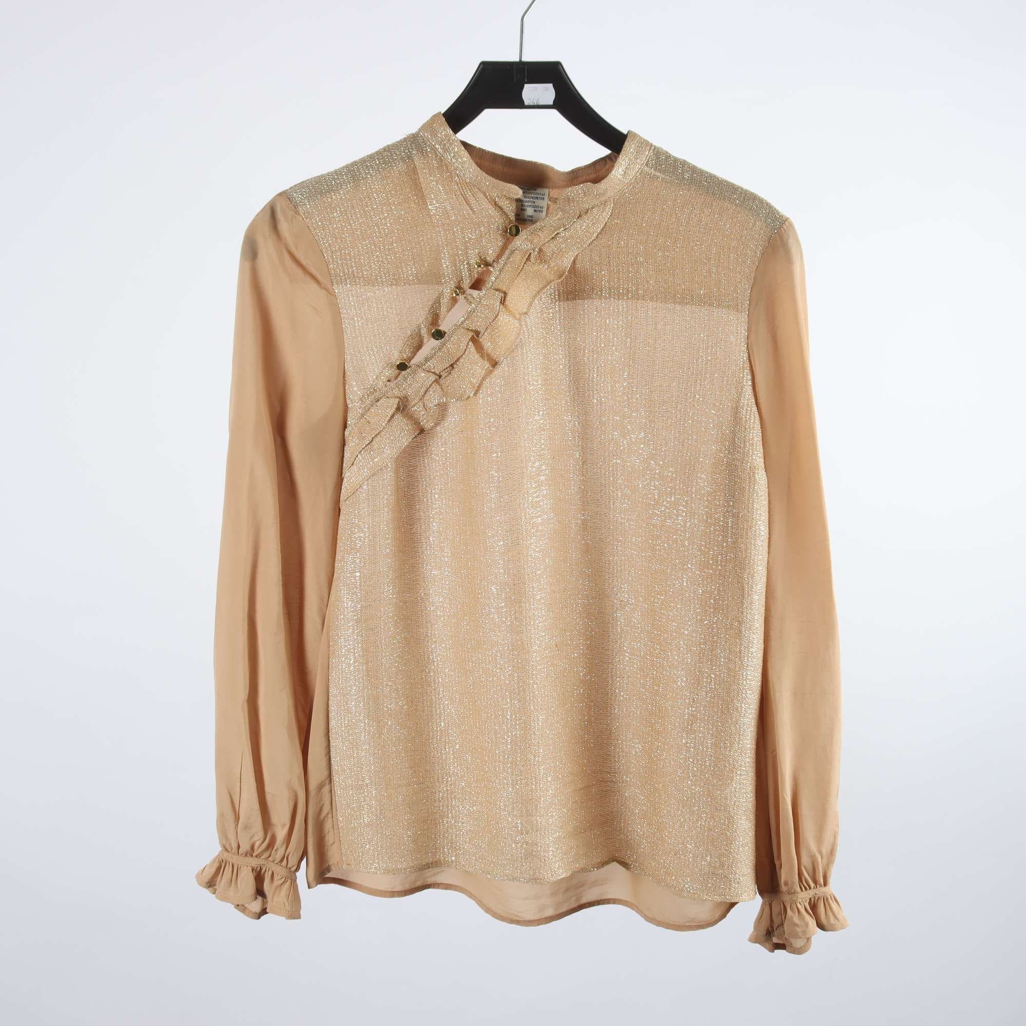 Blus, Baum und Pferdgarten, beige, guld, glittrig, stl. 38.