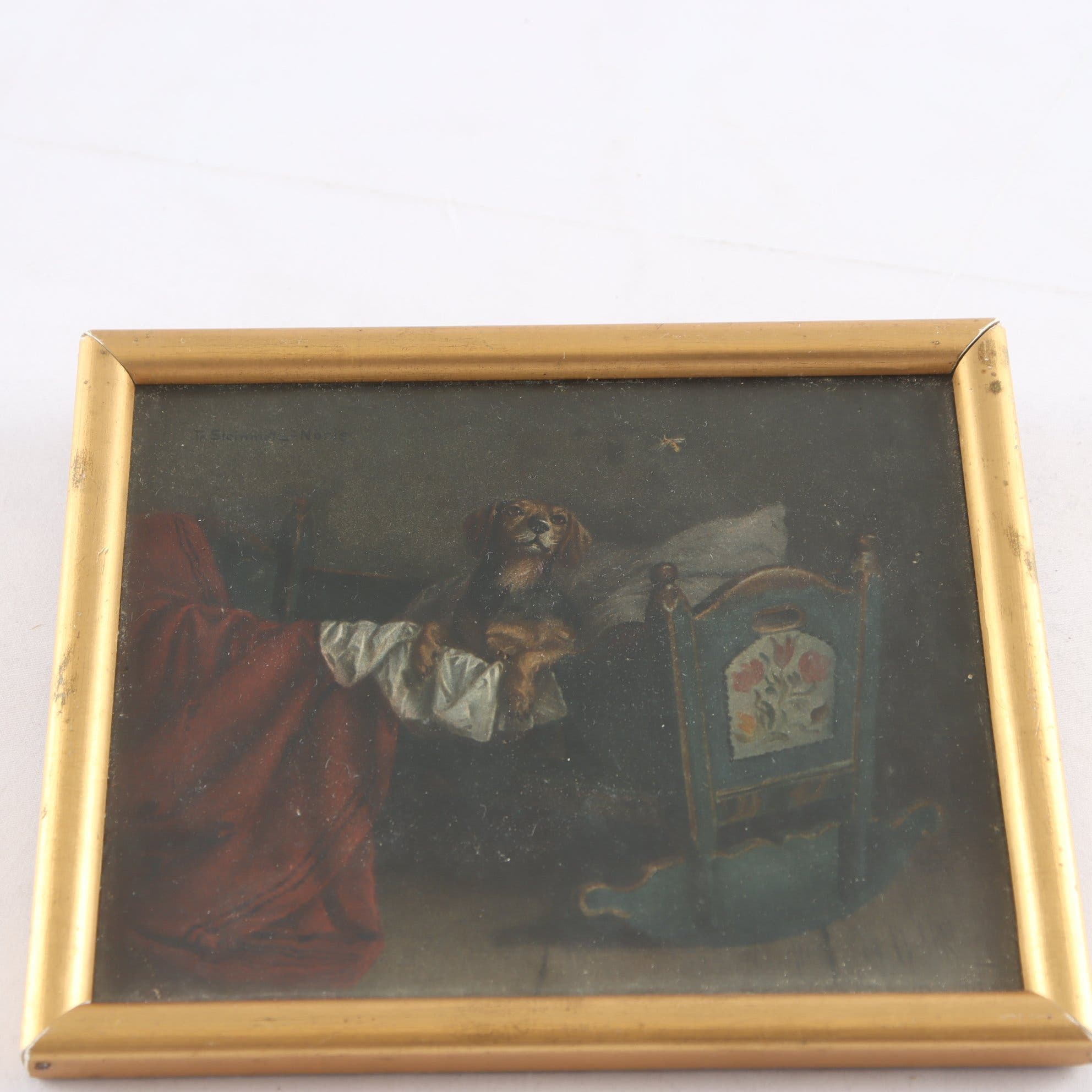 Litografiskt tryck, hund i vagga, Fritz Steinmetz-Noris, (1860-1937), Tyskland