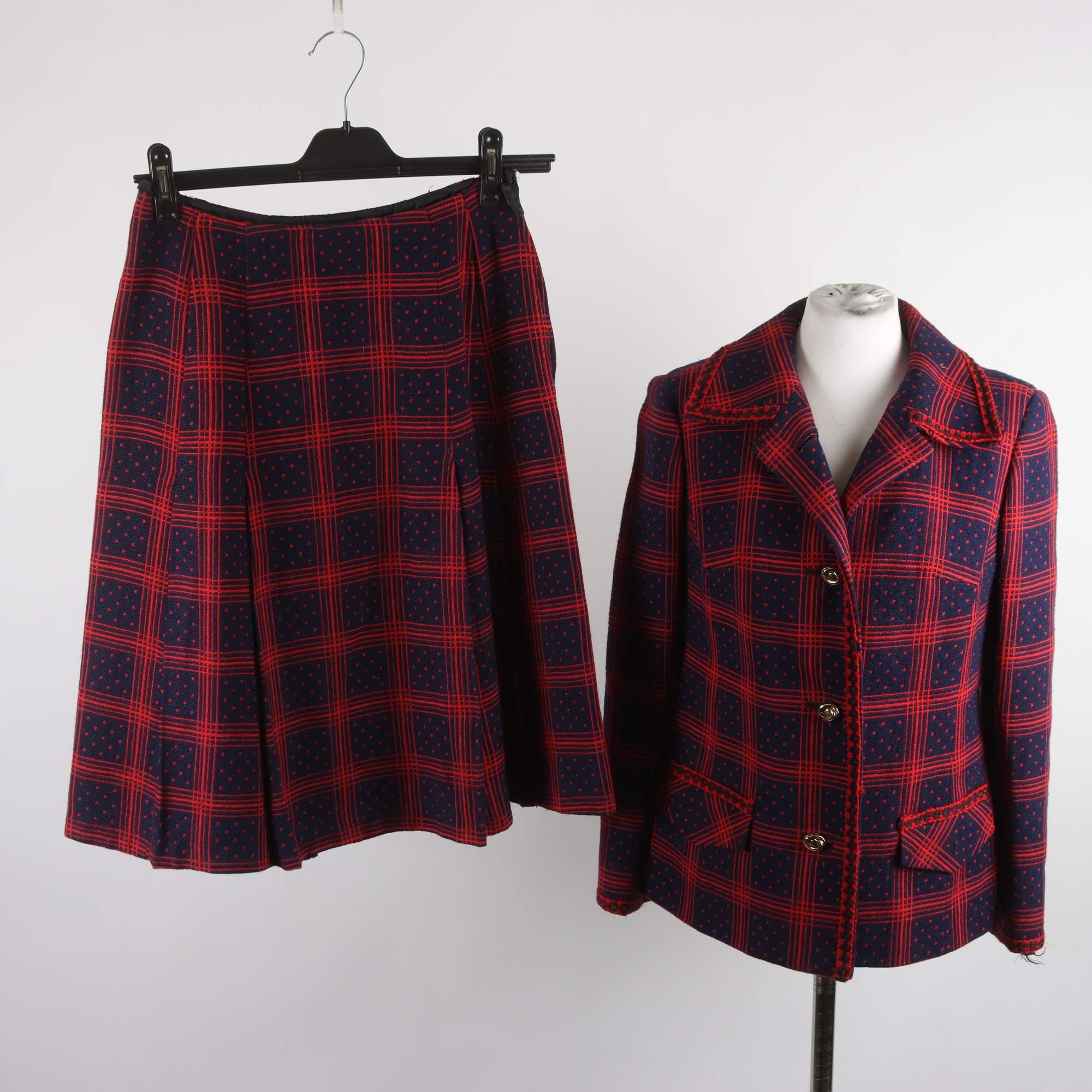 Dräkt, Britisk Fabric, blå, röd, retro, stl. ca. S.