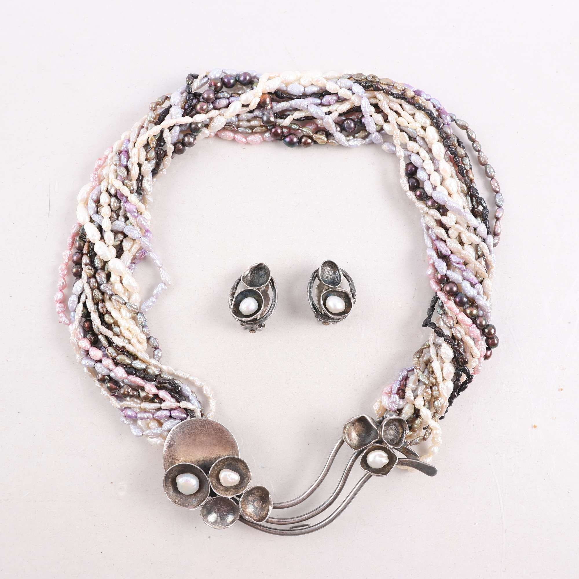 Smyckesset, Halsband & öronclips, silver 925, sötvattenspärlor