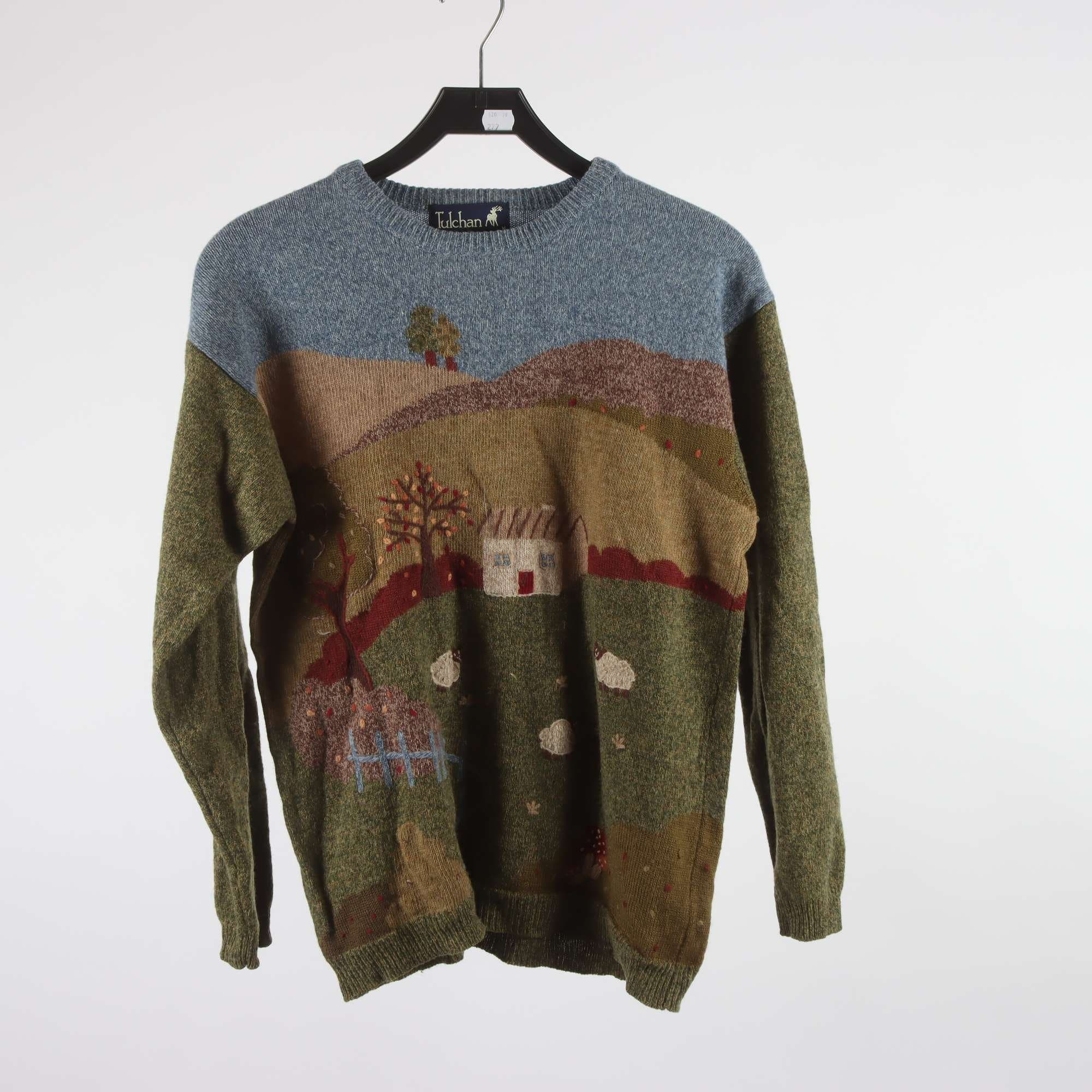 Tröja, Tulchan, blå, grön, får, beige, 100% ull, stl. M.