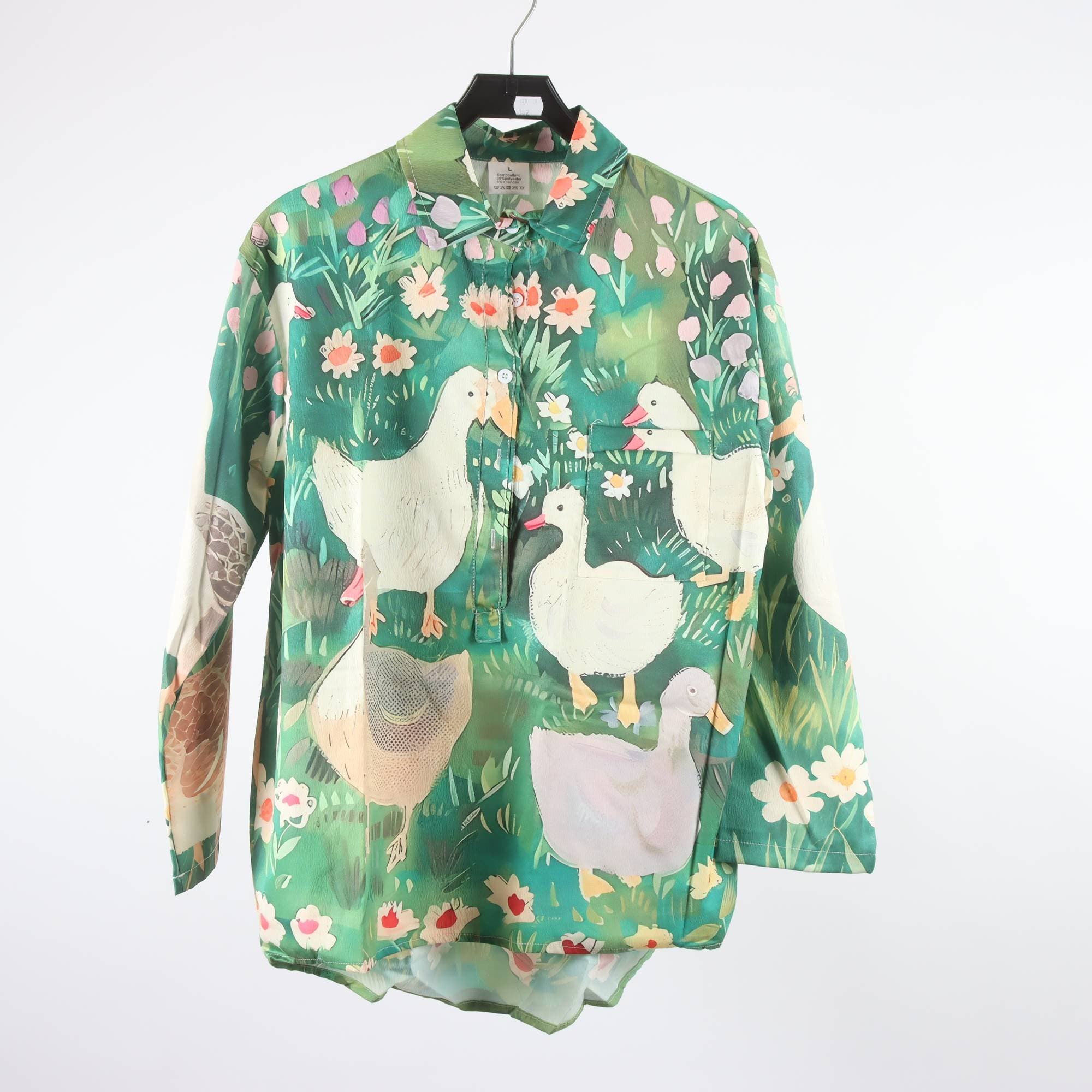 Blus, Okänd, grön, blommig, ankor, stl. L.
