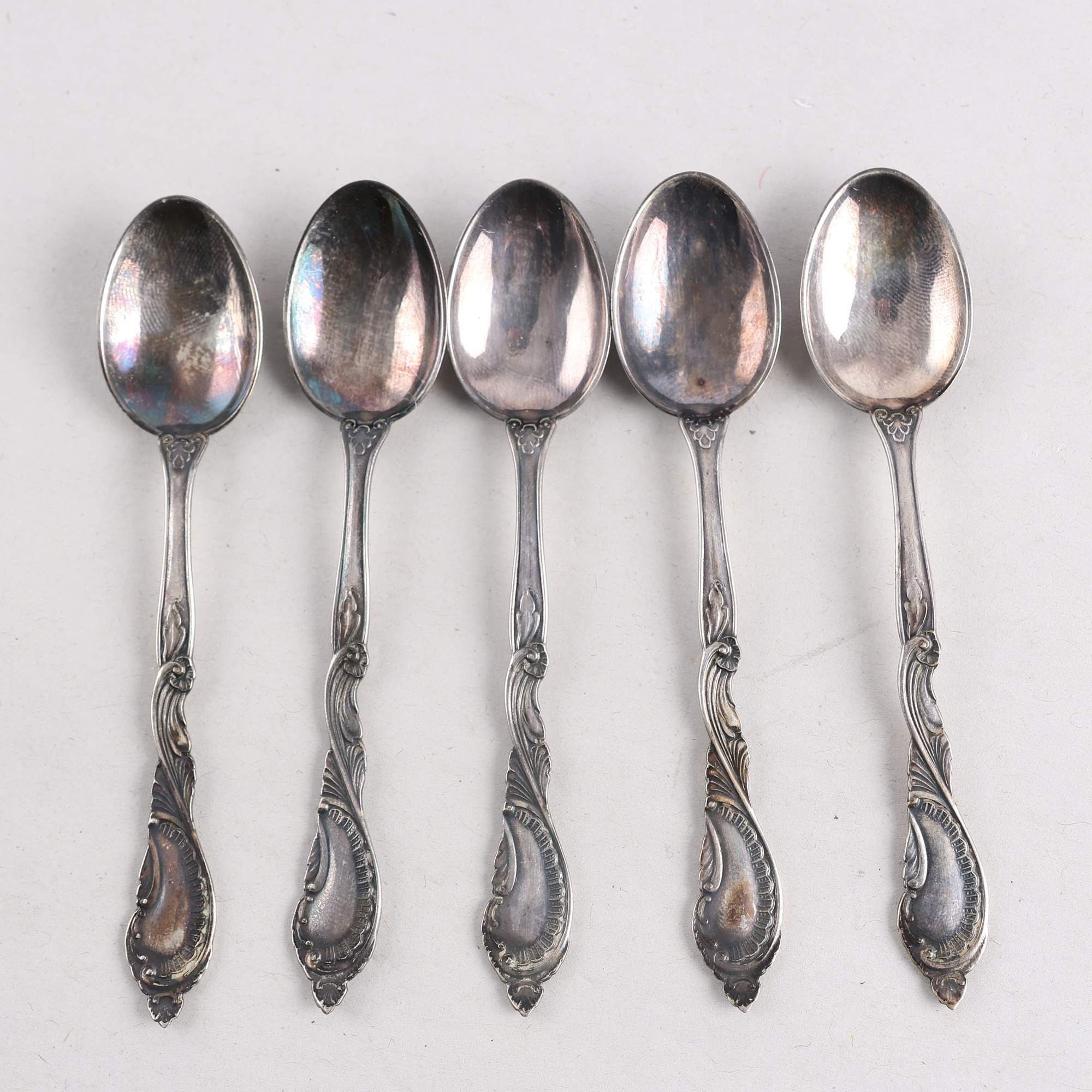 Teskedar, Silver stämplade GAB, Silver, kattfot, 5 st.