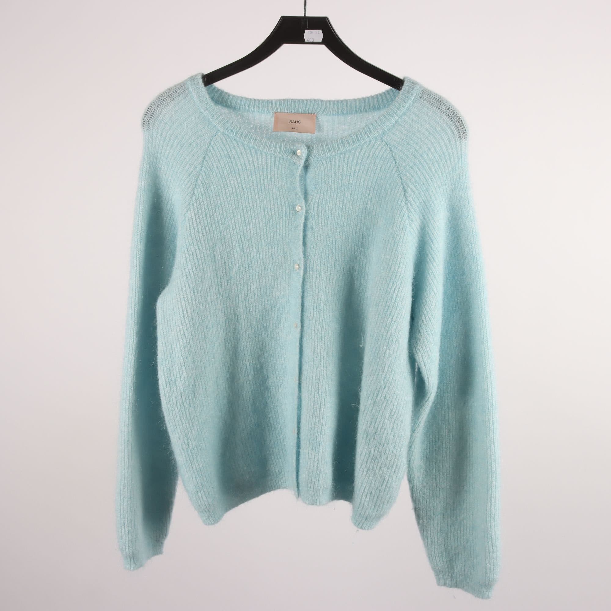 Kofta, Raus, blå, ull, mohair, stl. L/XL.