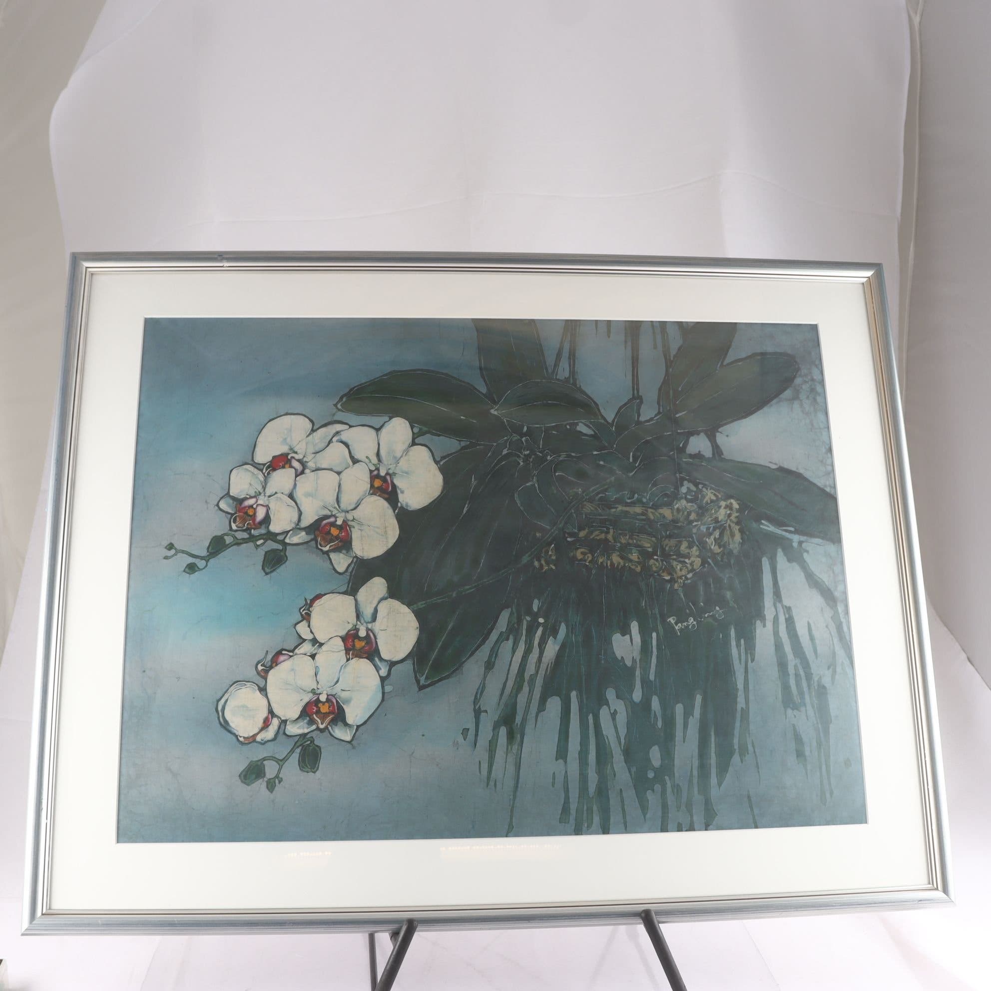 Inramad batiktavla, orkidéer, Pang Ling, (f. 1942), Malaysia. Endast avhämtning