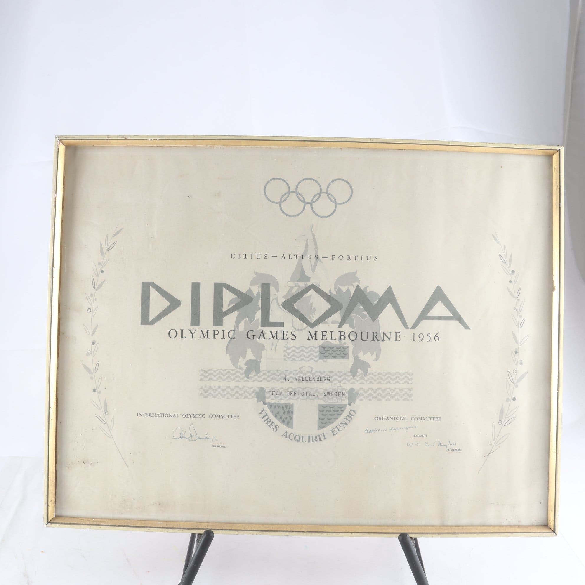 Diplom, Olympic Games Melbourne 1956, H. Wallenberg. Endast avhämtning.