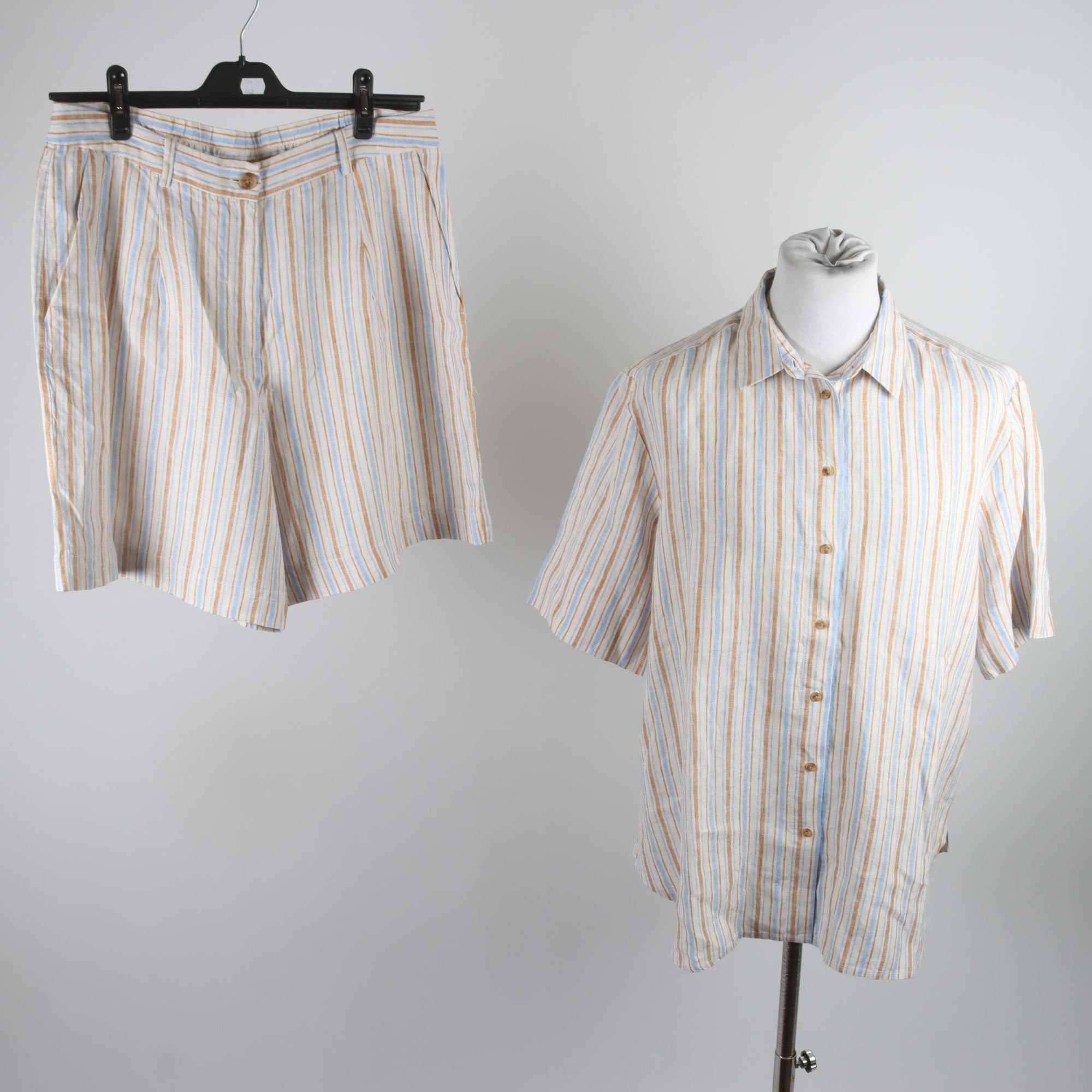 Shorts och blus, Masai, randig, beige, blå, 100% lin, stl. L.