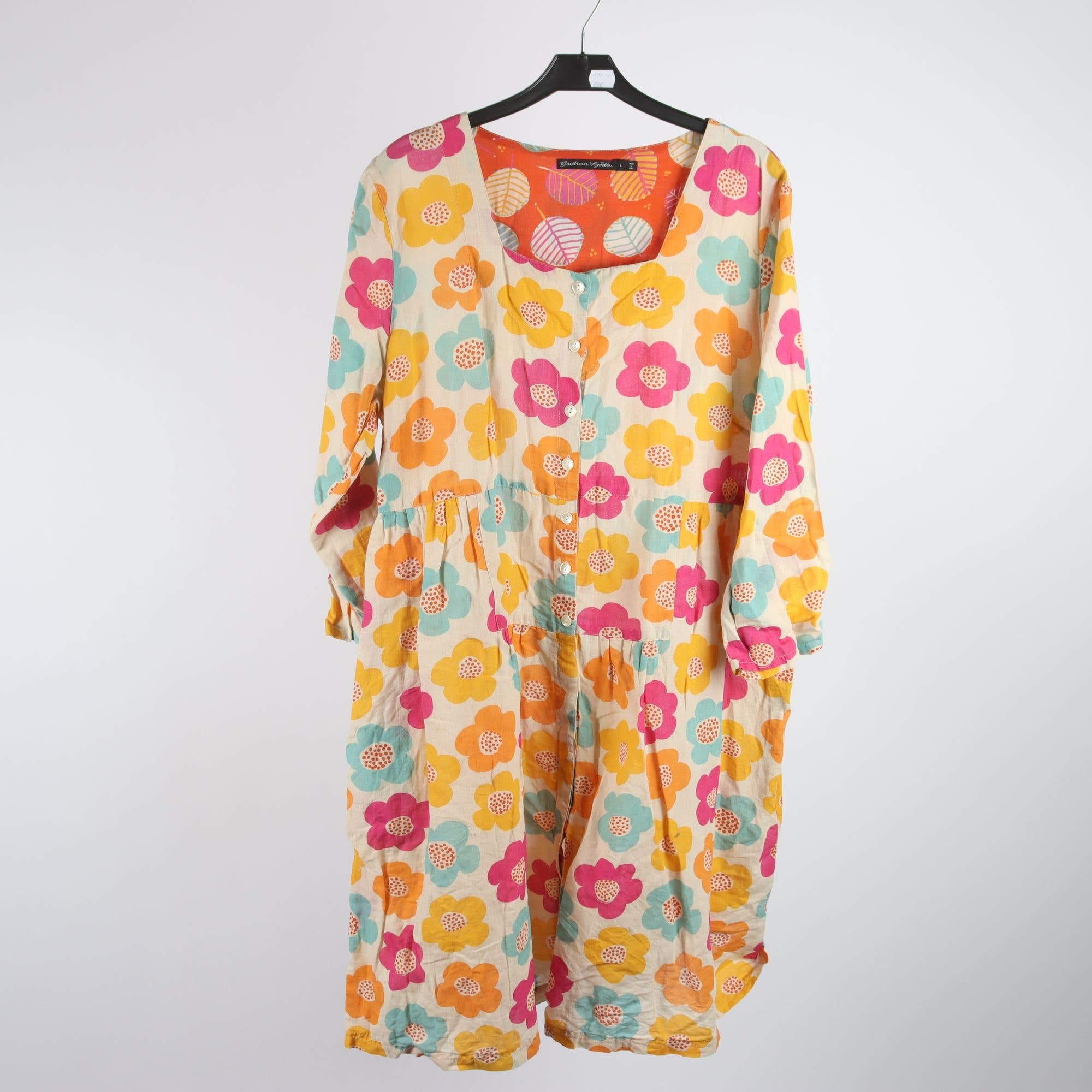 Klänning, Gudrun Sjödén, blommig, vit, rosa, blå, 50% lin, stl. L.