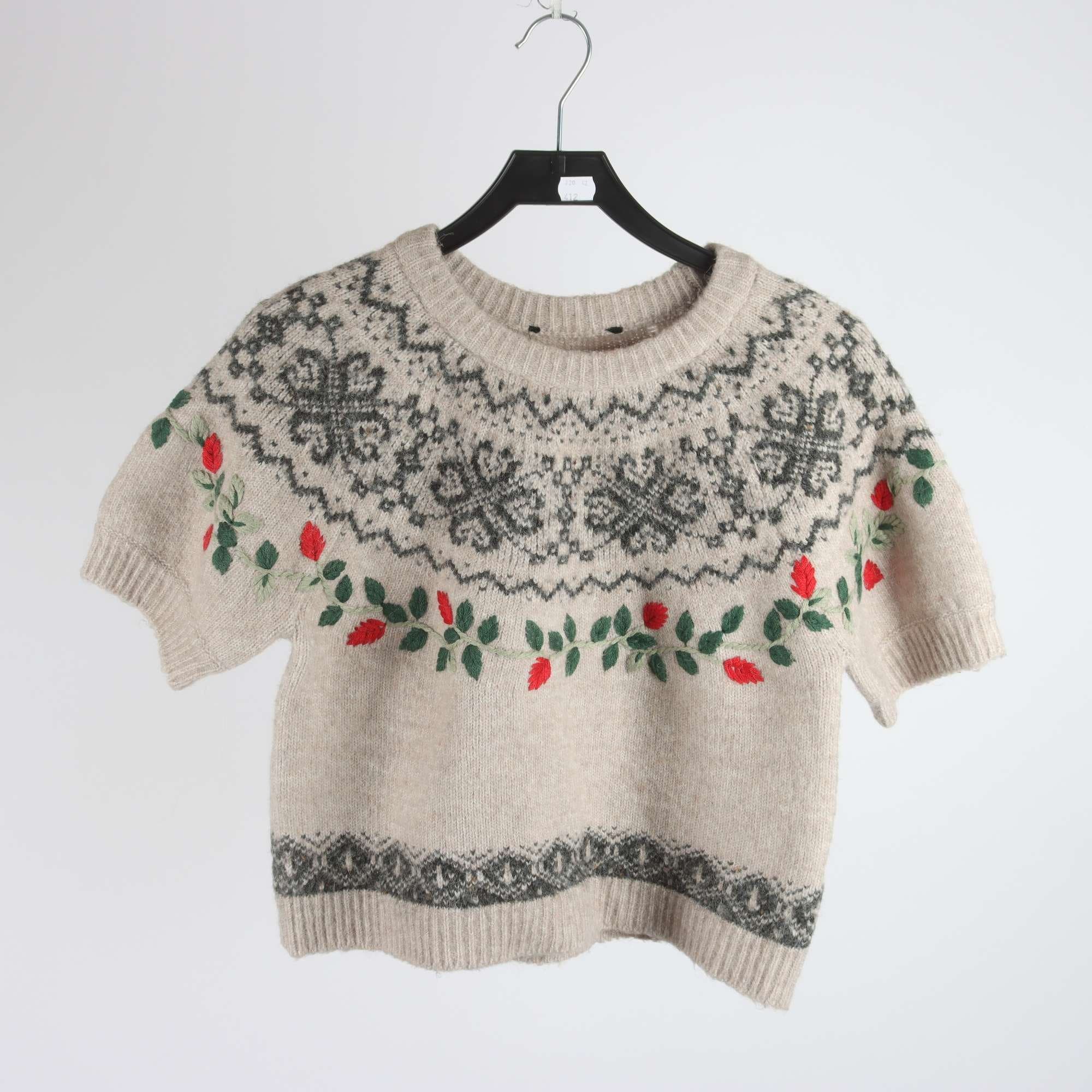 Tröja, Okänd, beige, grå, grön, broderad, stl. ca. S.