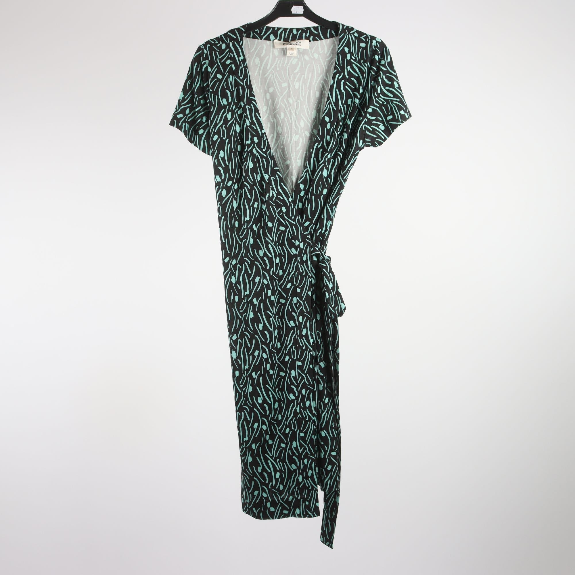 Klänning, Diane von Furstenberg, svart, grön, mönstrad, stl. 8 (M)