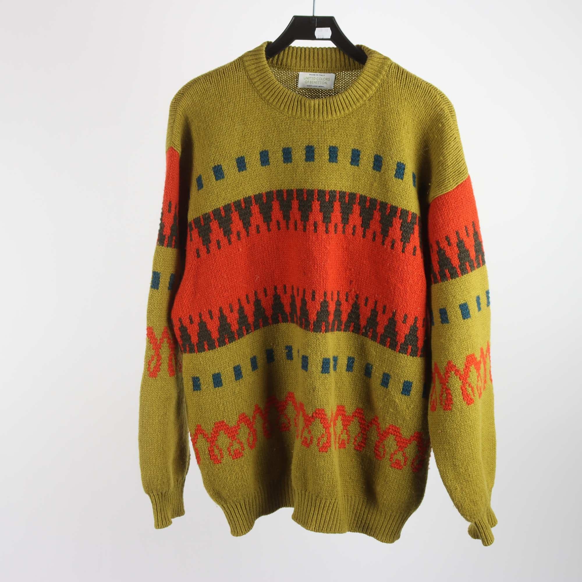 Tröja, Benetton, grön, orange, 100% ull, stl. XL.