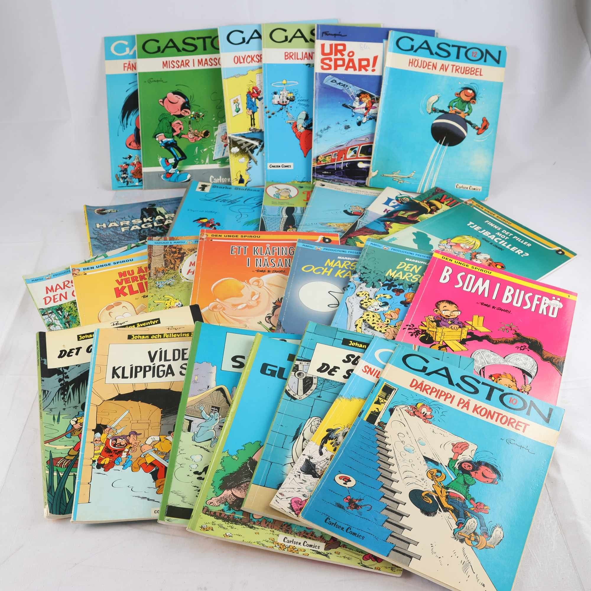 Serietidningar, bl.a. Gaston, Den unge Spirou, Johan och Pellevins äventyr
