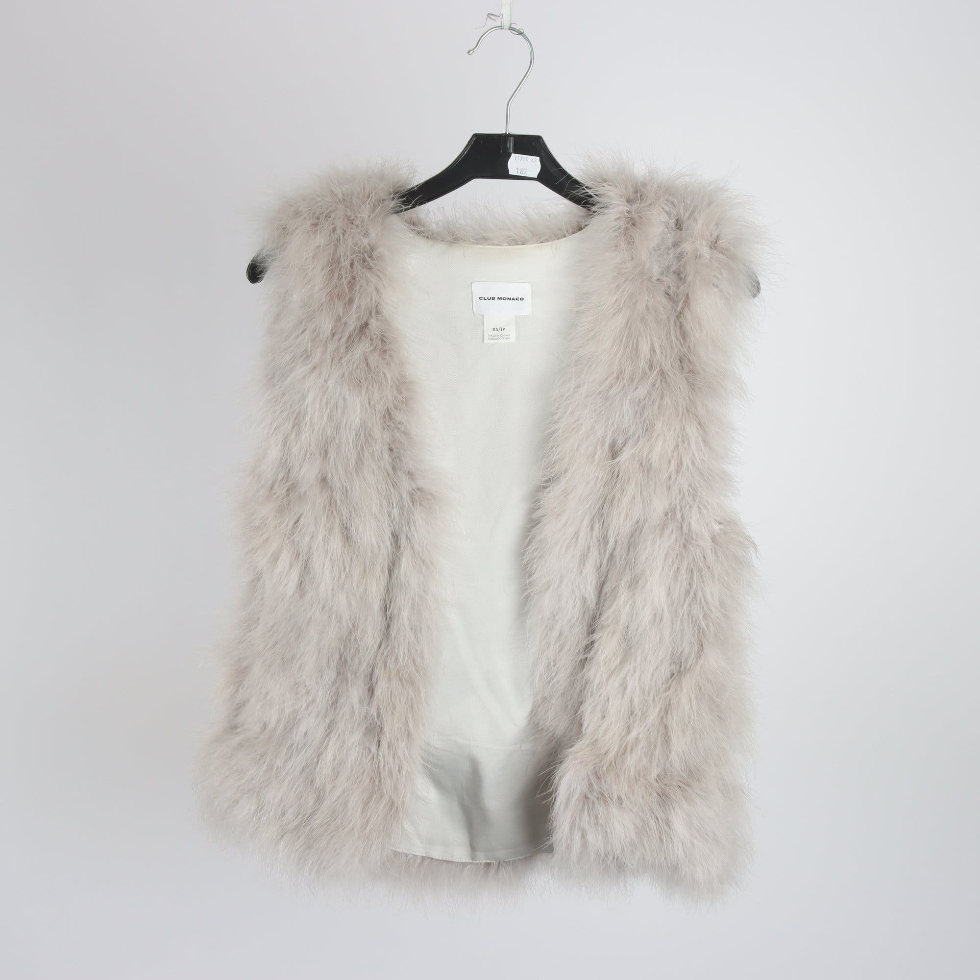 Väst, Club Monaco, grå, marabou fjäder, stl. XS