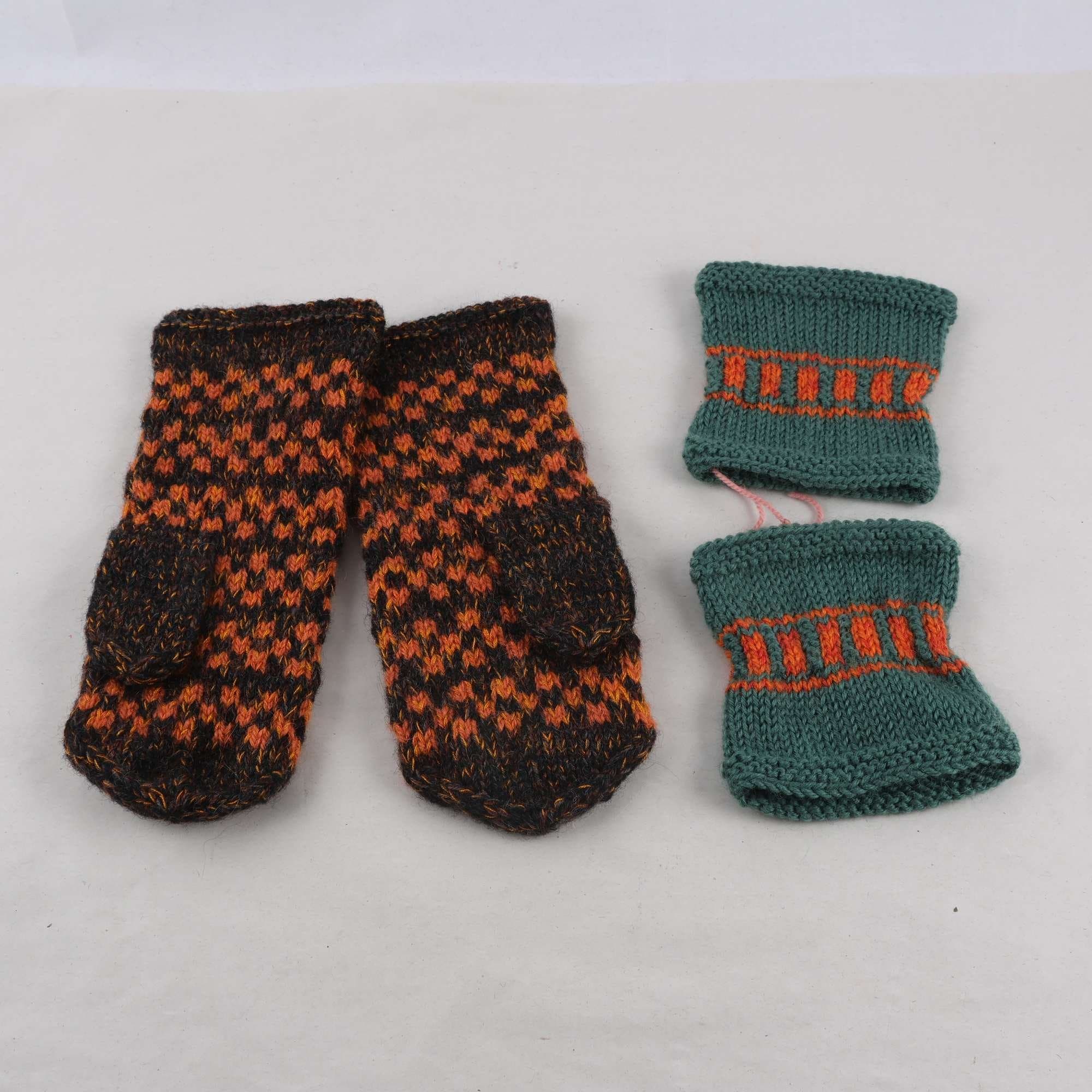 Vantar och handledsvärmare, orange, grön, ull.