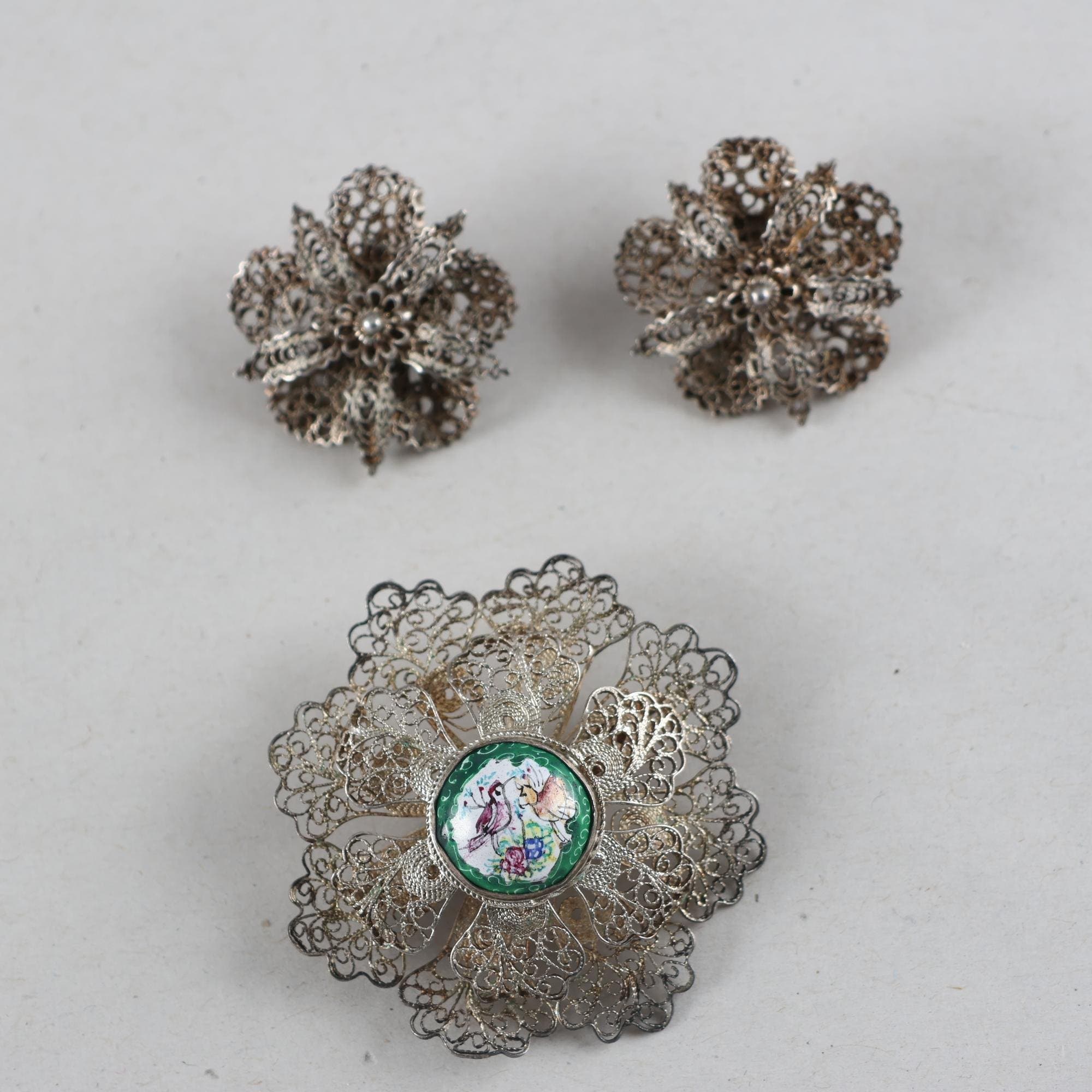 Smyckesset, silver, clips & brosch, filigran