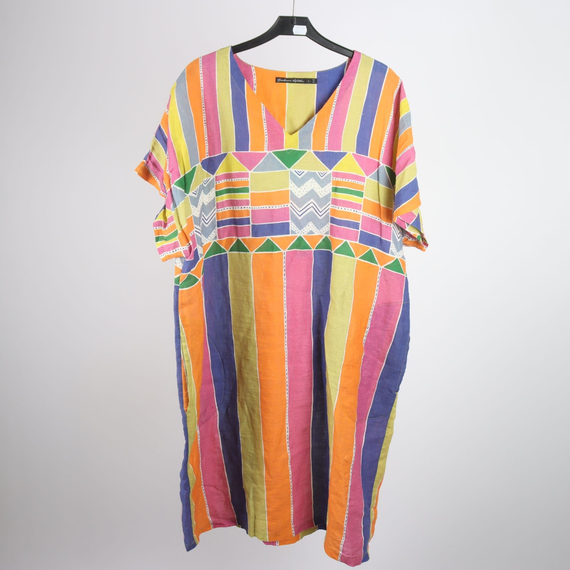 Klänning, Gudrun Sjödén, mönstrad, rosa, lila, orange, 100% lin, stl. L.