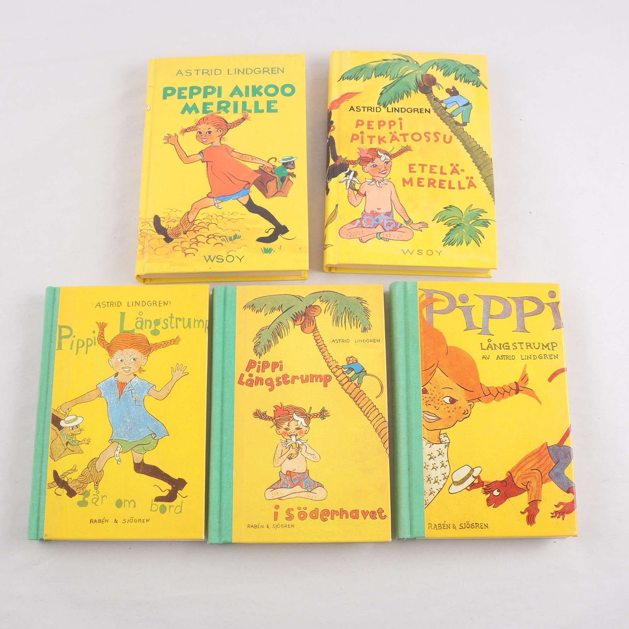 Astrid Lindgren, Pippi Långstrump, 3 böcker på svenska & 2 på finska