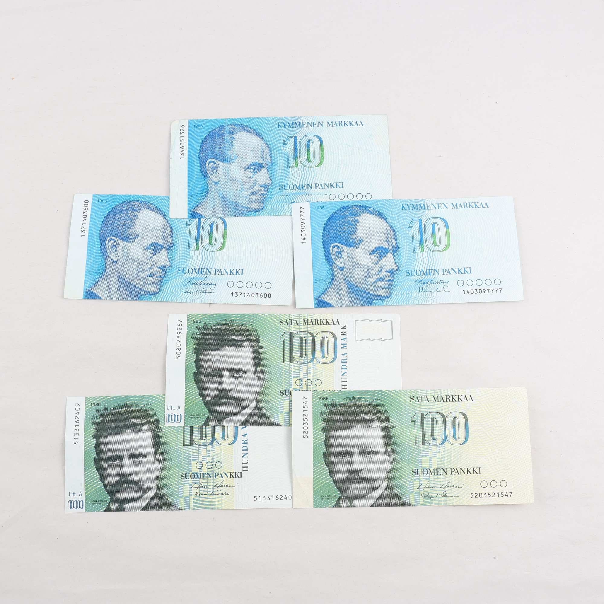 Sedlar, 100 Markaa och 10 Markkaa, Finland, 6 st